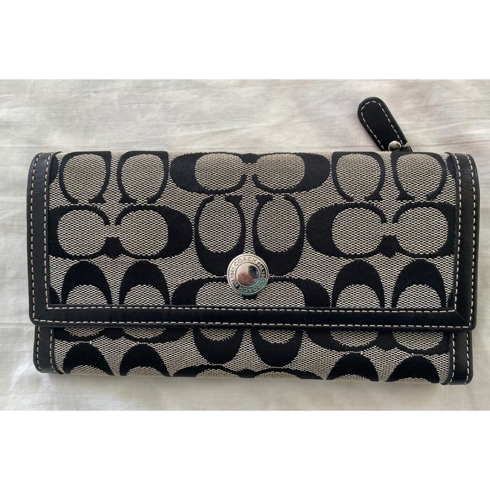 Coach Signature Jacquard Tri Fold Wallet Black Canvas Leather Trim Silver Logo